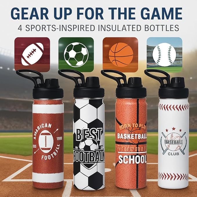 Basketball Water Bottle, 24 oz Insulated Stainless Steel Sports Bottle with Straw, Basketball Stuff Gifts for Boys