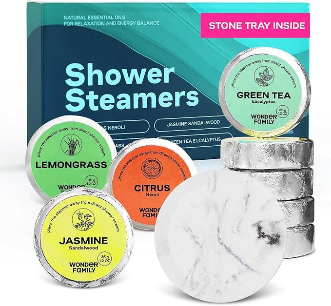 Aromatherapy Shower Steamers Gift Set for Women & Men – Green Tea, Jasmine, Lemongrass, Citrus – Essential Oil Vapor Shower Tablets, Individually Wrapped Shower Melts, Spa Gifts for Christmas