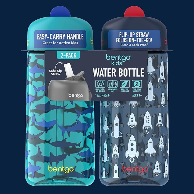Bentgo Kids Water Bottle 2-Pack - Leak-Proof, Durable Tritan, BPA-Free 15 oz. Cup for Kids/Toddlers Ages 3+, Safe Sip Spout, & Dishwasher Safe for School/Sports/Daycare/Camp (Rocket/Shark)