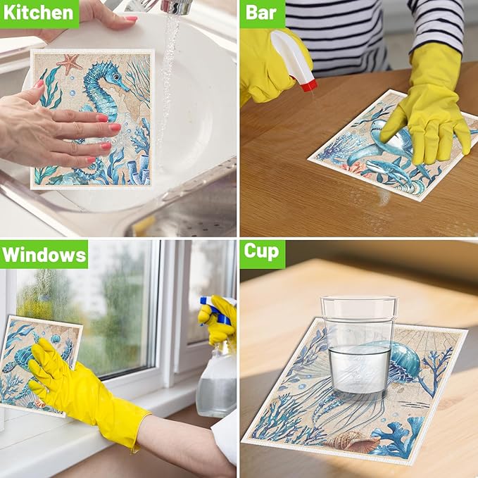 Swedish Dishcloths for Kitchen, Reusable Absorbent Fast Drying Sea Animals Theme Swedish Dish Cloths Gift Set, Washable Cellulose Sponge Cloths Dish Towel for Washing Dishes