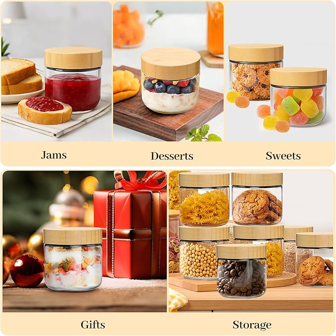 4 Pack 10oz Glass Jars with Bamboo Lids, Spoons, Airtight Overnight Oats Containers, Wide Mouth Mason Jars, Food Storage Container for Yogurt Salad Snacks Spice Sugar Meal Prep – Reusable