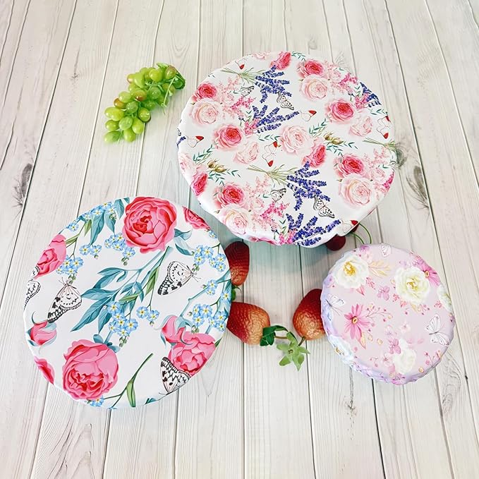 3 Pack Double Layer Bowl Covers Reusable in 3 Size Stretch Cloth Fabric, Elastic Food Storage Covers Bread Bowl Covers Reusable Lids for Food, Fruits, Leftover