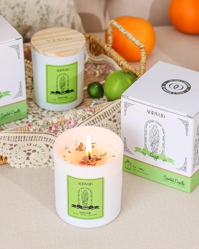 AOOVOO Sage Scented Candles for Women - Aromatherapy Candle with Crystals Inside, 10oz Soy Candles for Home Scented, Birthday Gifts Christmas Candle for Women Mom