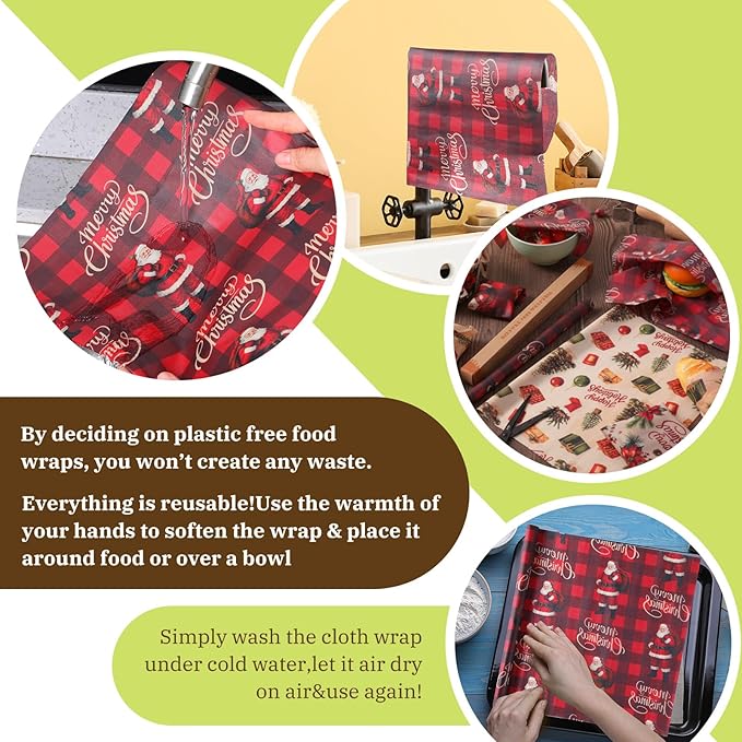 3 Rolls Christmas Reusable Beeswax Wrap for Bread 13x40" Xmas Food Wrap Beeswax Paper Santa Bell Food Wrappers Cotton Bread Sandwich Wrappers for Kitchen Storage Gifts
