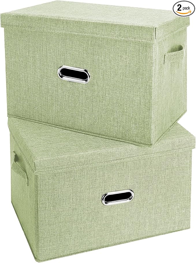 Large Linen Fabric Foldable Storage Bins with Removable Lid and Handles, Washable Storage Box Organizer Containers Baskets Cube with Cover for Bedroom,Closet,Office (Green, Large(2-Pack))