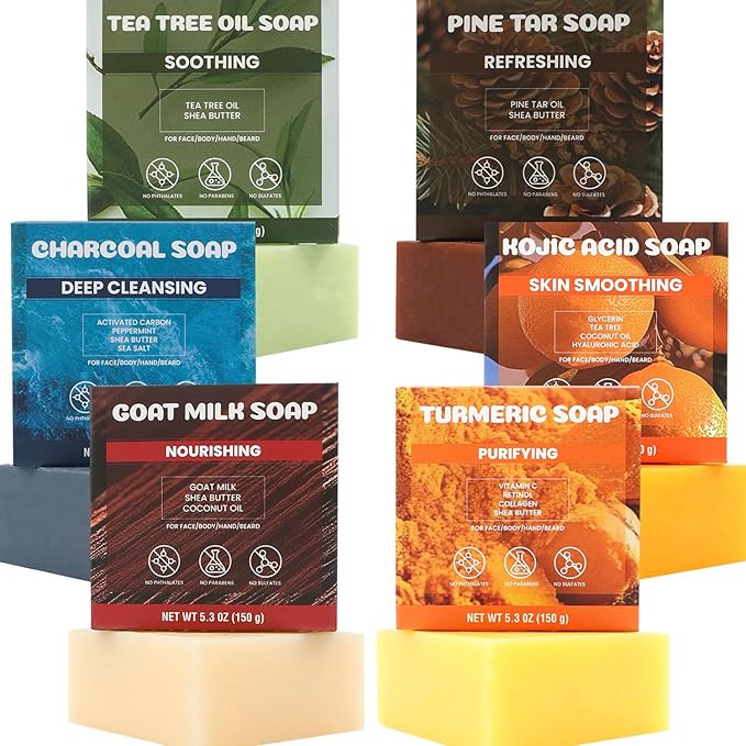 Rinse & Robust Mens Bar Soap Gift Set, 6Pcs Natural Handmade Cold Process Soap Bar with Premium Essential Oils, Cleansing Bar Soap for Men, All Skin Types | 6 Scents | 5.3 oz Each