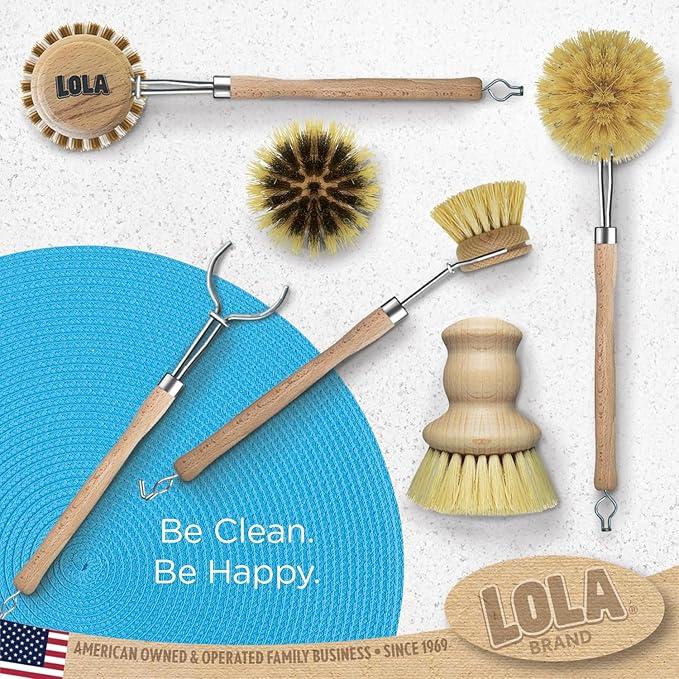 LOLA -The Original - Dishwashing & Vegetable Brush, 6 Pack, Hardwood w/Poly Fiber Bristles, Reusable, Sustainable, Has EZ-Grip Handle