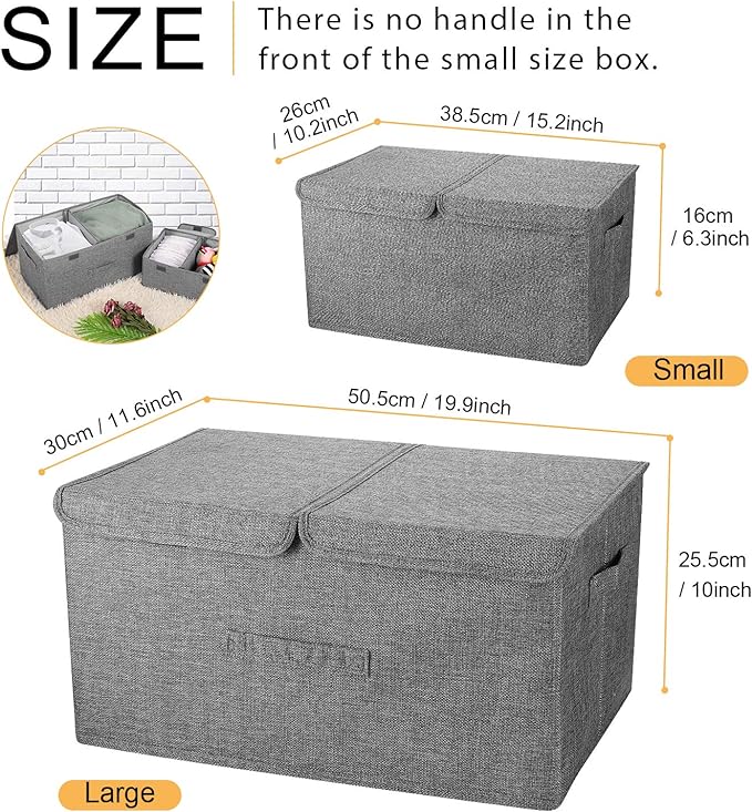 2 Pack Large Linen Fabric Collapsible Storage Bins with Lid and Handles, Washable Storage Box Baskets Cube with Removable Divider for Bedroom,Closet,Office,Living Room,Nursery (Black, Large)