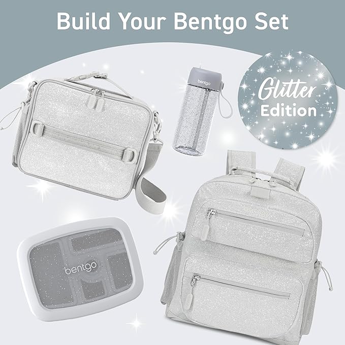 Bentgo Kids Water Bottle - Leak-Proof, Durable Tritan, BPA-Free 15 oz. Cup for Kids/Toddlers Ages 3+, Safe Sip Spout, Carrying Handle, & Dishwasher Safe for School (Glitter Edition - Silver)