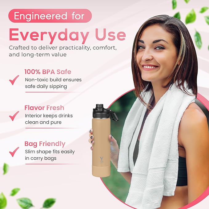 Y TOP 24oz Insulated Water Bottle Cup Holder Friendly, Leak Proof Spout Lid, Double Wall Insulation, Dishwasher Safe, Easy Clean Stainless Steel Water Bottle for Gym Kids Sports Travel School Hiking