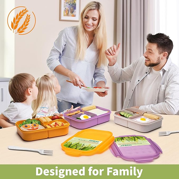 Wheat Straw Lunch Box - Leakproof Bento Box for Kids & Adults, BPA-Free 3-Compartment Food Containers, Microwave & Dishwasher Safe (Warm White, 5.5 Cup)