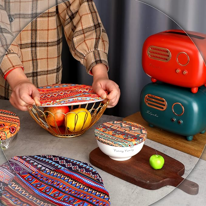 10 Pack Cloth Bowl Covers for Bread Rising - 5 Size Stretch Elastic Food Storage Container Lids - Reusable Cotton Fabric Covers for Food, Fruits, Leftovers (Geometry)