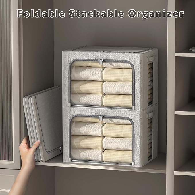 FHSQX 6 Pack Clothes Storage Bins with Metal Frame Foldable Storage Bins for Clothes Linen Fabric Storage Box with Clear Window (Light Grey, 19.7x15.7x13inch(66L))