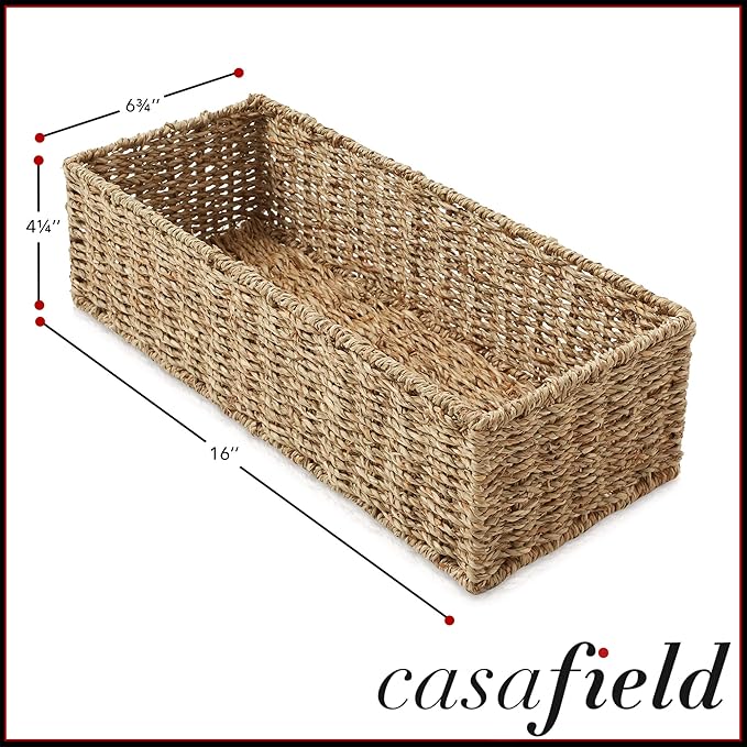 Casafield Set of 2 Bathroom Storage Baskets, Natural - Seagrass, 16" W x 6.75" D x 4.25" H, Woven Toilet Tank Topper Bins for Organizing Tissues, Toilet Paper, Toiletries, Shelves