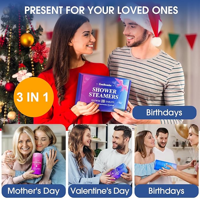 Shower Steamers, 18 Pack Set Shower Bombs with 6 Organic & Natural Fragrance, Self-Care & Relaxation Presents for Women and Men, Ideal for Personal Care and Birthday, Christmas White Elephant Presents