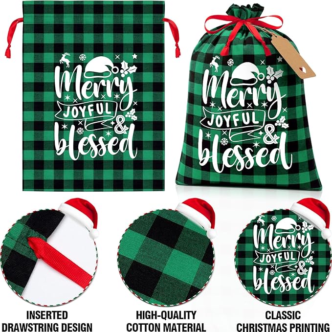 10 PCS Christmas Drawstring Gift Bags with Tags, Buffalo Plaid Xmas Gift Bags Assorted Sizes Bulk, Cotton Fabric Holiday Gift Bag Large Medium Small Wrapping Bag for Xmas Presents Decor Party Favors