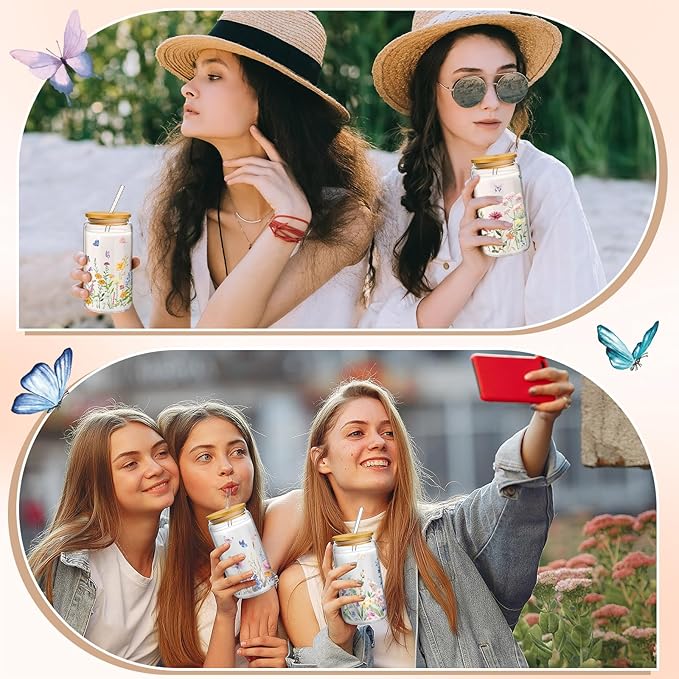 Mumufy 8 Pcs Gift for Women Wild Flower Glass Cup Tumbler Butterfly Iced Coffee Mugs 16 oz Glass with Bamboo Lid & Straw, Christmas Mothers Day Birthday Gift for Mom Sister Bridesmaid Baby Shower