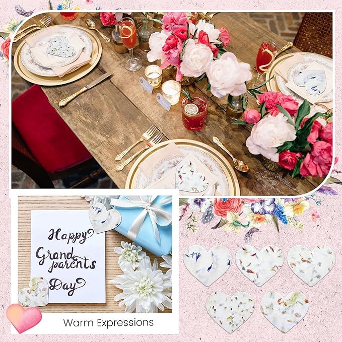 50 Pcs Handmade Seed Paper Plantable Wildflower Seed Paper Recycled Flower Petals Tags Wedding Favors for Guests Craft Gifts Cards for Envelope Birthday Party, 5 Styles (Heart)