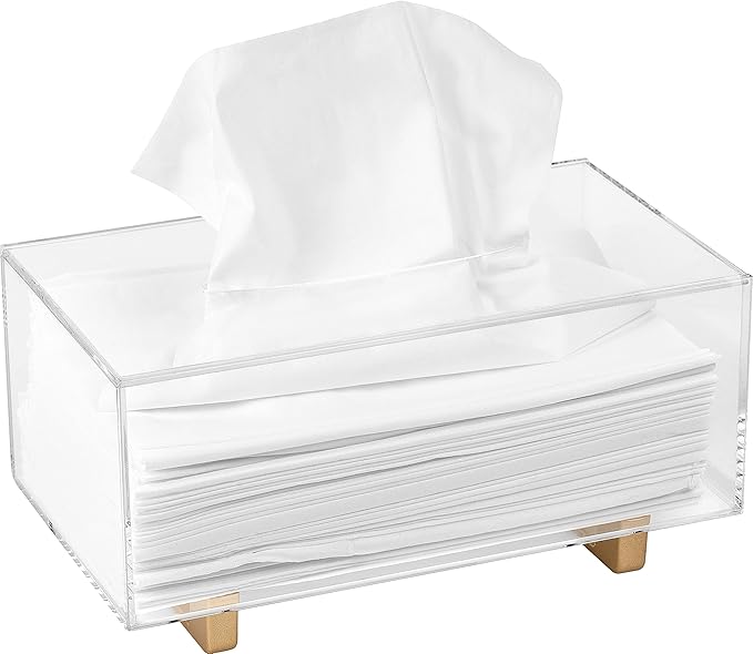 YoBa Thick Acrylic Tissue Box Holder Rectangular Clear Tissue Box Dispenser with Gold Plated Aluminum Legs for Bathroom, Kitchen, Bedroom, Office, Hotels and Restaurant