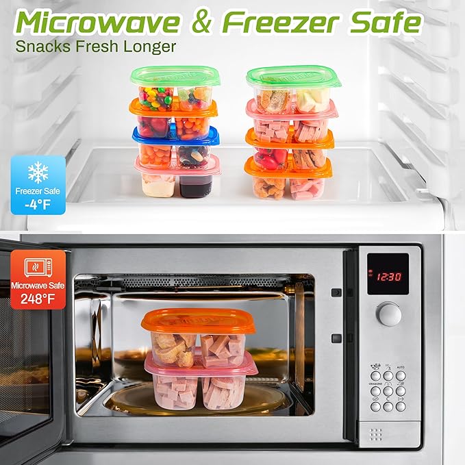 20pcs Reusable Snack Containers with Lids,Double Compartment Snack Containers for kids adults, 10 Cute Forks,Bento Box-Lightweight and stackable, Microwave, refrigerator safe (4 Color)
