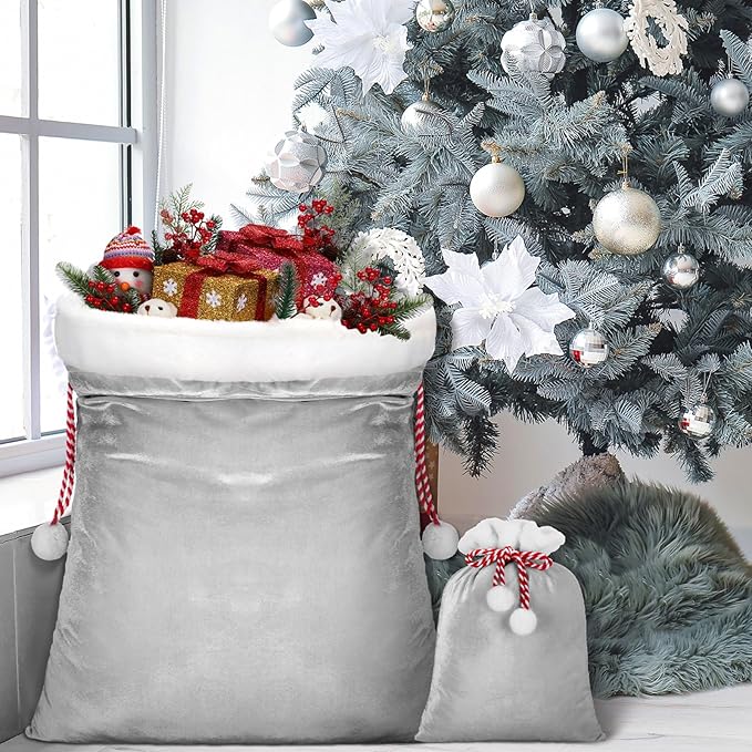 Shappy 2 Pieces Christmas Velvet Santa Bags with Drawstring in 2 Size Large Christmas Bags Santa Gift Sack for Xmas Playing Present Toy(Grey)