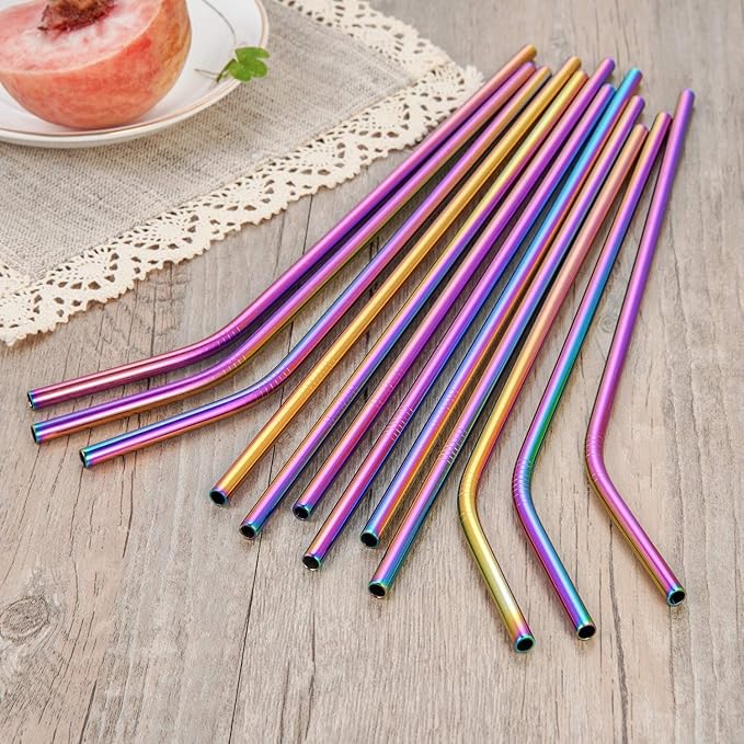 20 Pcs Rainbow Color Reusable Stainless Steel Straws,10.5" & 8.5" Reusable Drinking Straws with 20 Silicone Tips 5 Straw Brushes 1 Travel Case,Eco Friendly Extra Long Metal Straw for 20 30 oz Tumbler