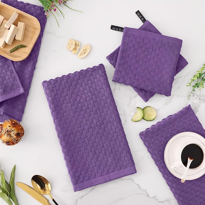 Fintale 100% Cotton Kitchen Towels and Dishcloths Set, 12 x 12 & 15 x 25 Inches, Set of 8 Bulk Super Soft and Absorbent Terry Cloth Dish Towels, Quick Drying Hand Towels with Hanging Loop, Purple