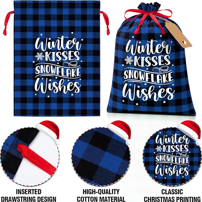 16 PCS Christmas Drawstring Gift Bags with Tags, Buffalo Plaid Large Xmas Gift Bags Assorted Sizes Bulk, Cotton Fabric Holiday Gift Bag Jumbo Medium Small Xmas Wrapping Bag for Presents Party Favors