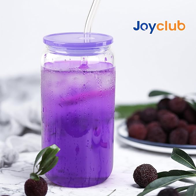 Joyclub 4 Pack Acrylic Lids for 16 oz Glass Cups with Bamboo Lids and Straws Reusable Iced Coffee Cup Beer Can Drinking Glasses for Smoothie Whiskey Boba Soda Tea Gift (Purple)