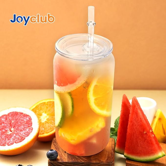 Joyclub 4 Pack Acrylic Lids for 16 oz Glass Cups with Bamboo Lids and Straws Reusable Iced Coffee Cup Beer Can Drinking Glasses for Smoothie Whiskey Boba Soda Tea Gift (Clear)