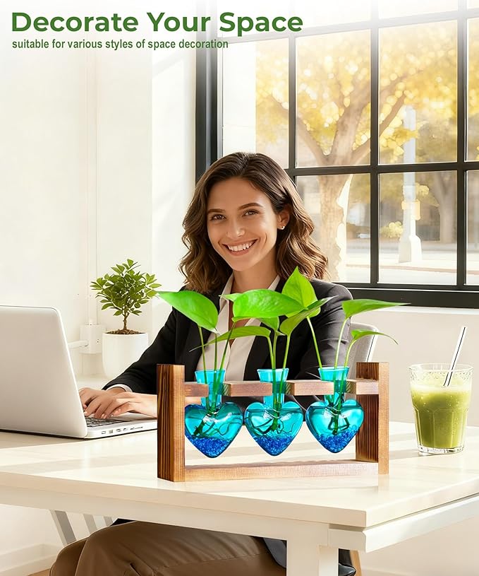 Nacome Plant Terrarium Propagation Stations: Air Planter 3 Bulb Glass Heart Shaped Vase with Wooden Stand for Hydroponics Home Office Decor - Christmas Gifts for Plant Lovers Women Mom Wife