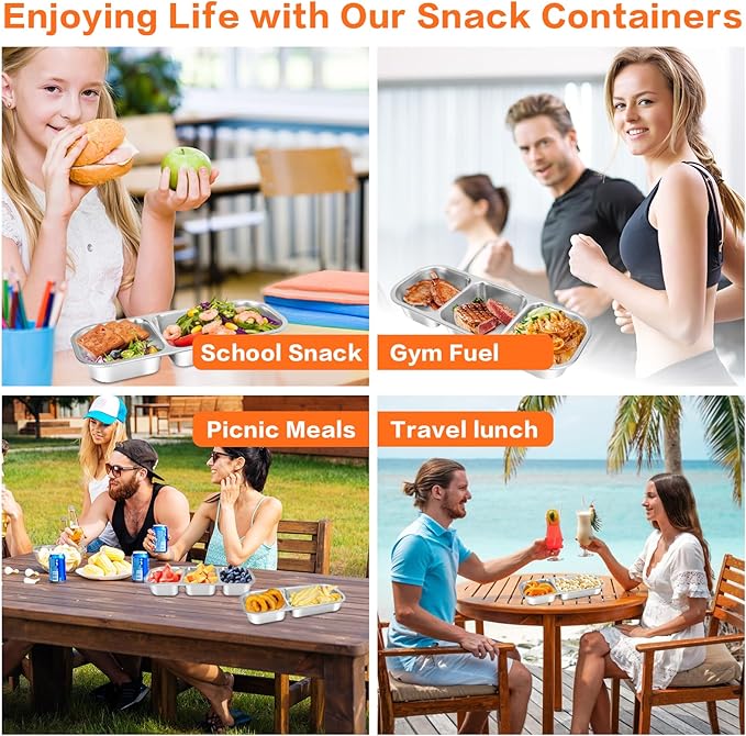 4 Pack Stainless Steel Bento Box with Lids, 304-Grade, 2-Compartments Food Storage Containers, Reusable Snap-on Lid Snack Containers Set, Meal Prep Lunch Box with Covers (24 oz / 700ml)