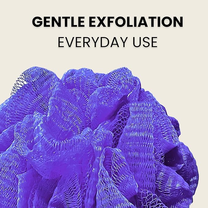 Large Purple Bath Sponge Pack of 3 – Gentle Exfoliation Loofahs with Suction Cup for Easy Drying, Soft 70G Mesh Poufs for All Skin Types, Lather for Daily Use
