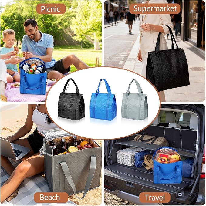 15 Pcs Insulated Cooler Bag – Reusable Cooler Bags with Zipper Top, Thermal Totes for Hot & Cold Food, Foldable, Washable, Sturdy Handles, Ideal for Shopping, Lunch Travel,(Black Blue Grey)