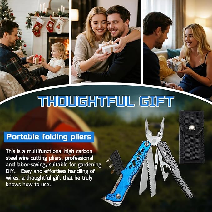17-in-1 Multitool Pliers with Nail Puller, Saw Screwdrivers, Bottle Opener,Carrying Pouch,High-carbon Steel Multi Tool Ideal for Camping Survival and Gift Blue and Silver