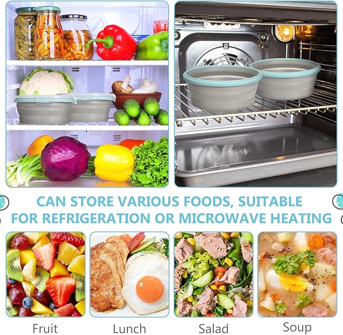 Suclain 4 Pcs Collapsible Bowls with Lids Silicone Camping Food Storage Container Expandable Folding Salad Lunch Box Travel Container for Hiking Camping(Blue Rim Gray,41 oz)