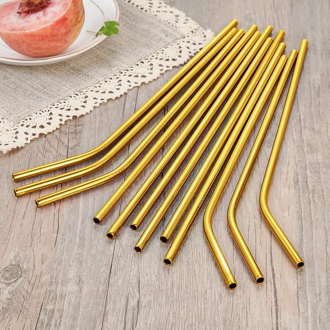 20 Pcs Gold Reusable Stainless Steel Straws,10.5" & 8.5" Reusable Drinking Straws with 20 Silicone Tips 5 Straw Brushes 1 Travel Case,Eco Friendly Extra Long Metal Straw for 20 24 30 oz Tumbler