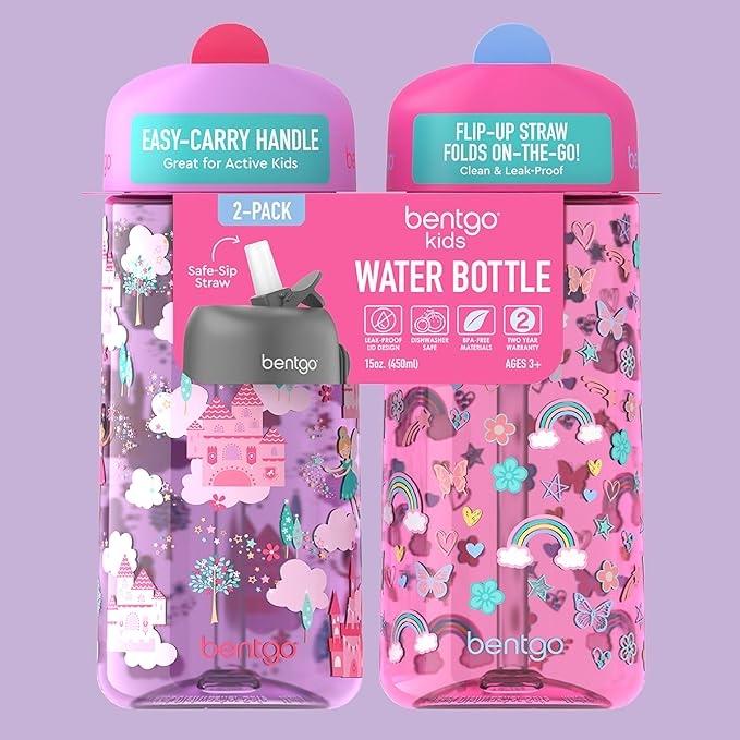 Bentgo Kids Water Bottle 2-Pack - Leak-Proof, Durable Tritan, BPA-Free 15 oz Cup for Kids/Toddlers 3+; Flip-Up Straw; Dishwasher Safe for School/Sports/Daycare/Camp (Rainbows & Butterflies/Fairies)