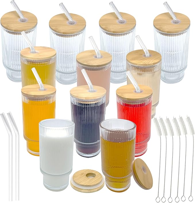 12-Pack Ribbed Glass Tumblers with Lids and Straws - 16oz Iced Coffee Cups, Reusable Glass Cups with Bamboo Lids Set for Tea, Matcha, Cocktails & Sparkling Water - Gift for Christmas, Birthdays