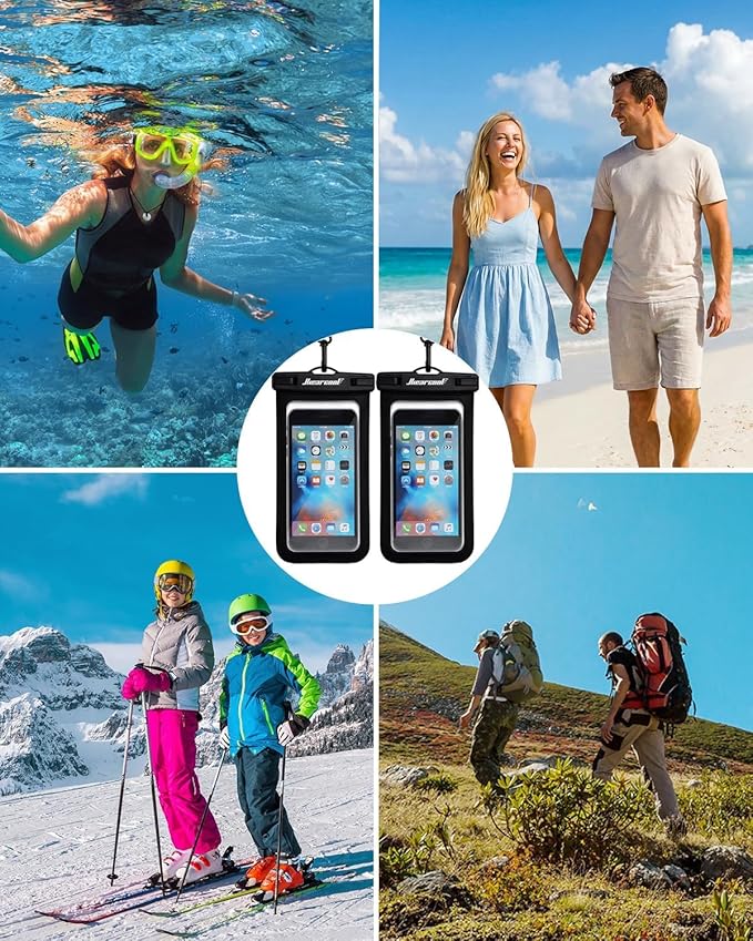 Hiearcool Waterproof Phone Pouch, Universal Case Compatible for iPhone 17 16 15 14 13 Pro Max Plus Up to 8.3", IPX8 Beach Travel Essentials-Black-2 Pack