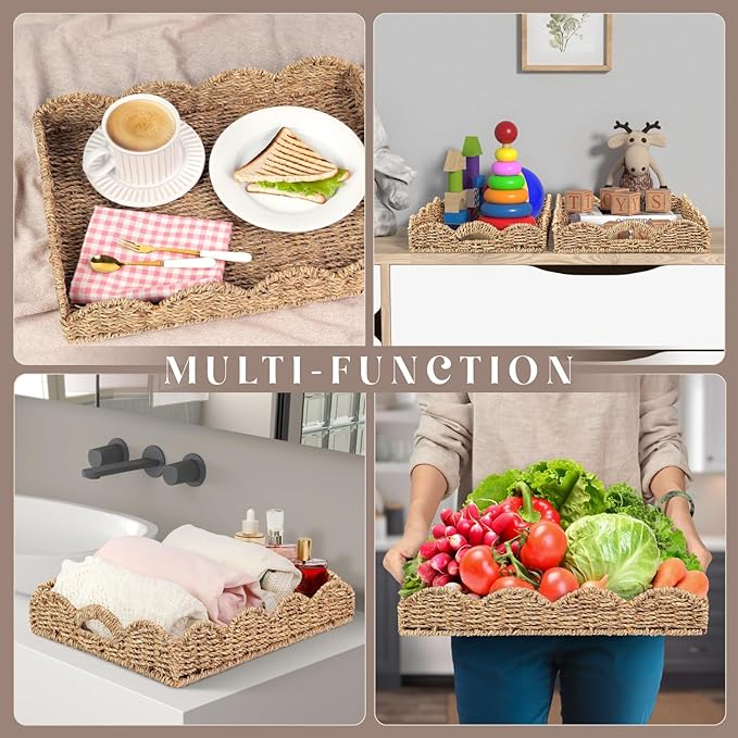 2Pcs - Scalloped Basket, Decorative Basket, Seagrass Tray (17 x 13 x 3 inch - 2Pcs) with Scalloped Edge and Built-in Handles, Rectangle Serving/Rattan/Wicker/Woven/Basket Tray