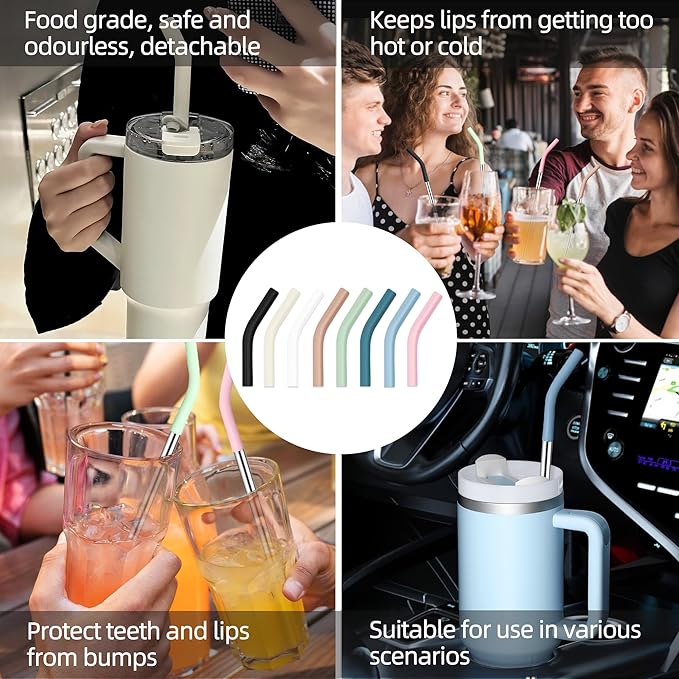 30 oz Stainless Metal Straws for 30 oz Stanley Tumbler, 6Pcs Reusable Straight Long Steel Straws with 12 Silicone Tips and 2 Straw Cleaning Brushes (6Color3, 30oz)