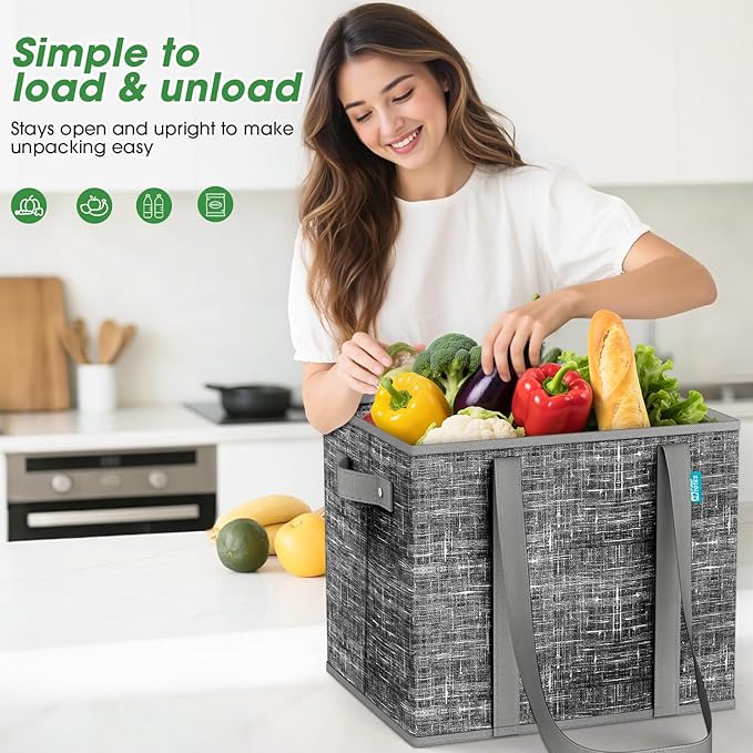 Fab totes Reusable Grocery Bags, Large Foldable Shopping Tote Bags with Reinforced Handles & Hard Bottom,3 Pack,Black