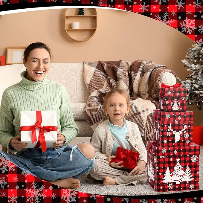 3 Pcs Christmas Nesting Gift Boxes Buffalo Plaid Xmas Stackable Boxes Black Red Decorative Xmas Nested Present Boxes with Lids and Ribbon for New Year Birthday Party Gift(Elk)