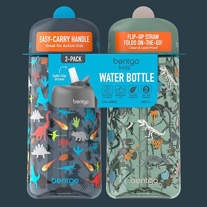 Bentgo Kids Water Bottle 2-Pack - Leak-Proof, Durable Tritan, BPA-Free 15 oz. Cup for Kids/Toddlers Ages 3+, Safe Sip Spout, & Dishwasher Safe for School/Sports/Daycare/Camp (Dinosaur/Dino Fossils)