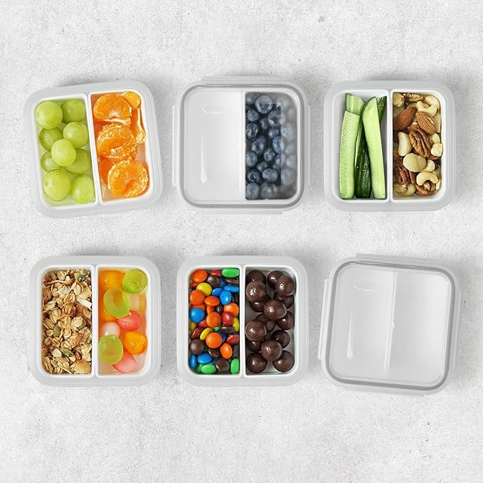carrotez 2 Compartment Small Snack Containers, Mini Snack Containers for Mini Fridge, Small Food Storage Containers, Airtight Lids, Reusable, 1.1 cup, 6 PACK