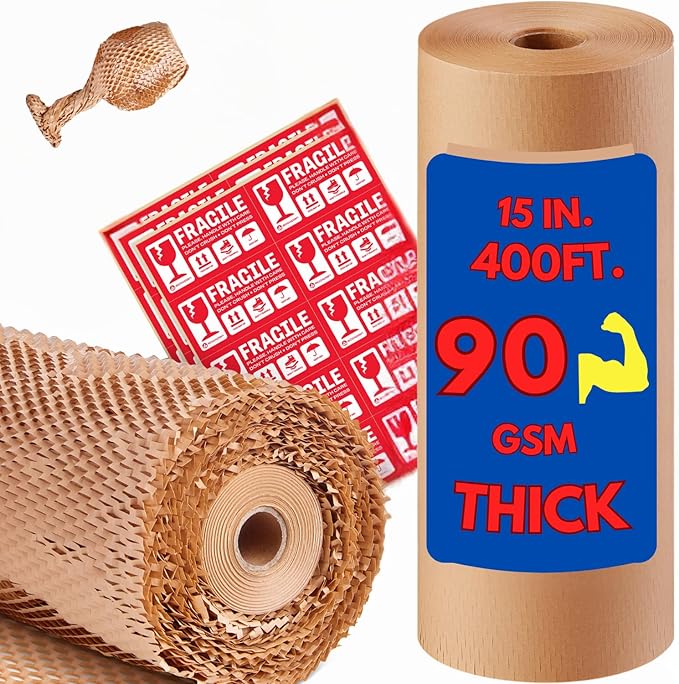 Honeycomb Packing Paper | Extra Thick 90 GSM Packing Wrap | Biodegradable Packing Materials: 15” x 400’ Moving Paper + 30 Fragile Stickers | Paper Bubble Wrap/Packing Bubbles Substitute