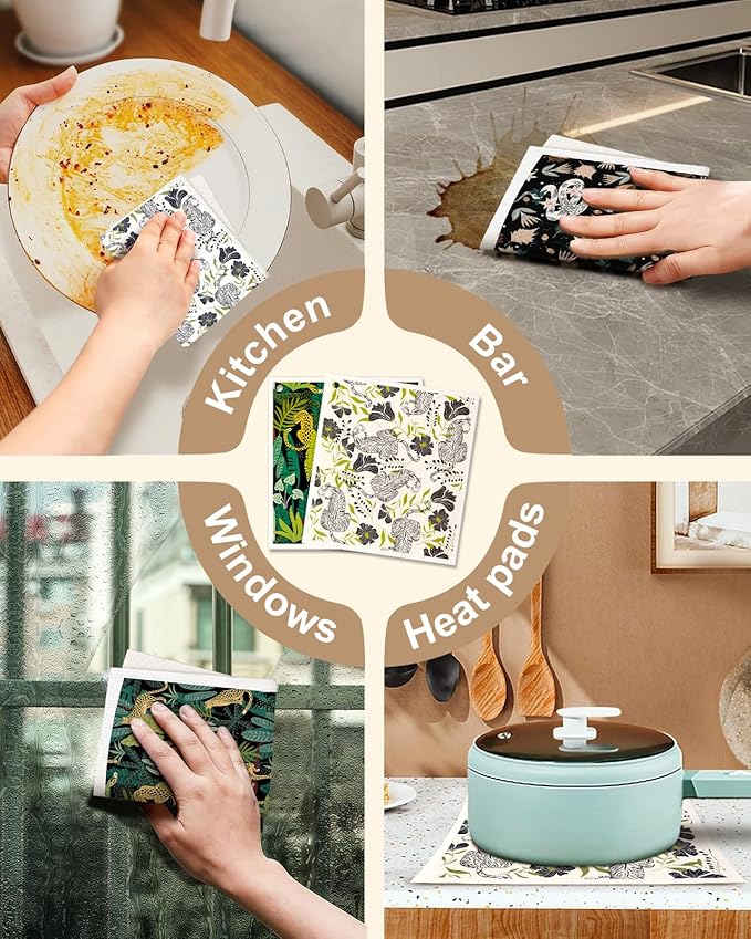 Kitchen Swedish Dishcloths with Hooks - 6 Pack Reusable Dish Cloths for Washing Dishes Fast Drying Cute Fun Swedish Dish Towels Washable Cleaning Sponge, Snake Tiger Leopard