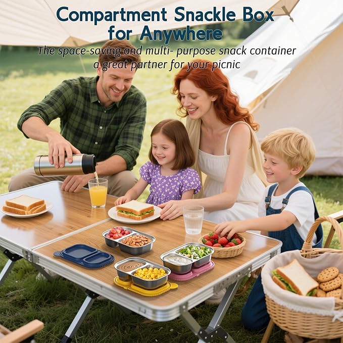 3 Pack Stainless Steel Snack Containers with Silicone Lids, Meal Prep Containers, Reusable 2 Compartment Food Storage Containers, Stainless Steel Box for School, Office, Travel