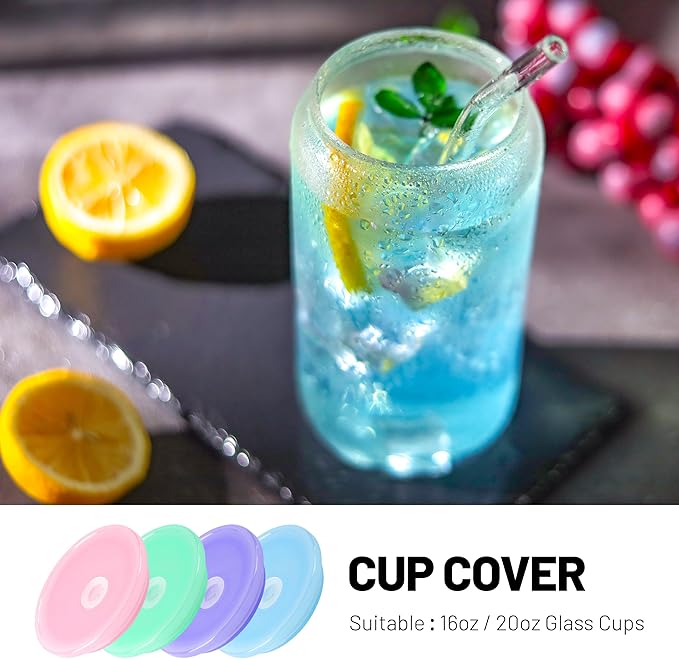 Joyclub 4 Pack Acrylic Lids for 16 oz /20 oz Glass Cups with Bamboo Lids and Straws Reusable Iced Coffee Cup Beer Can Drinking Glasses for Smoothie Whiskey Boba Soda Tea Gift (Candy Color)